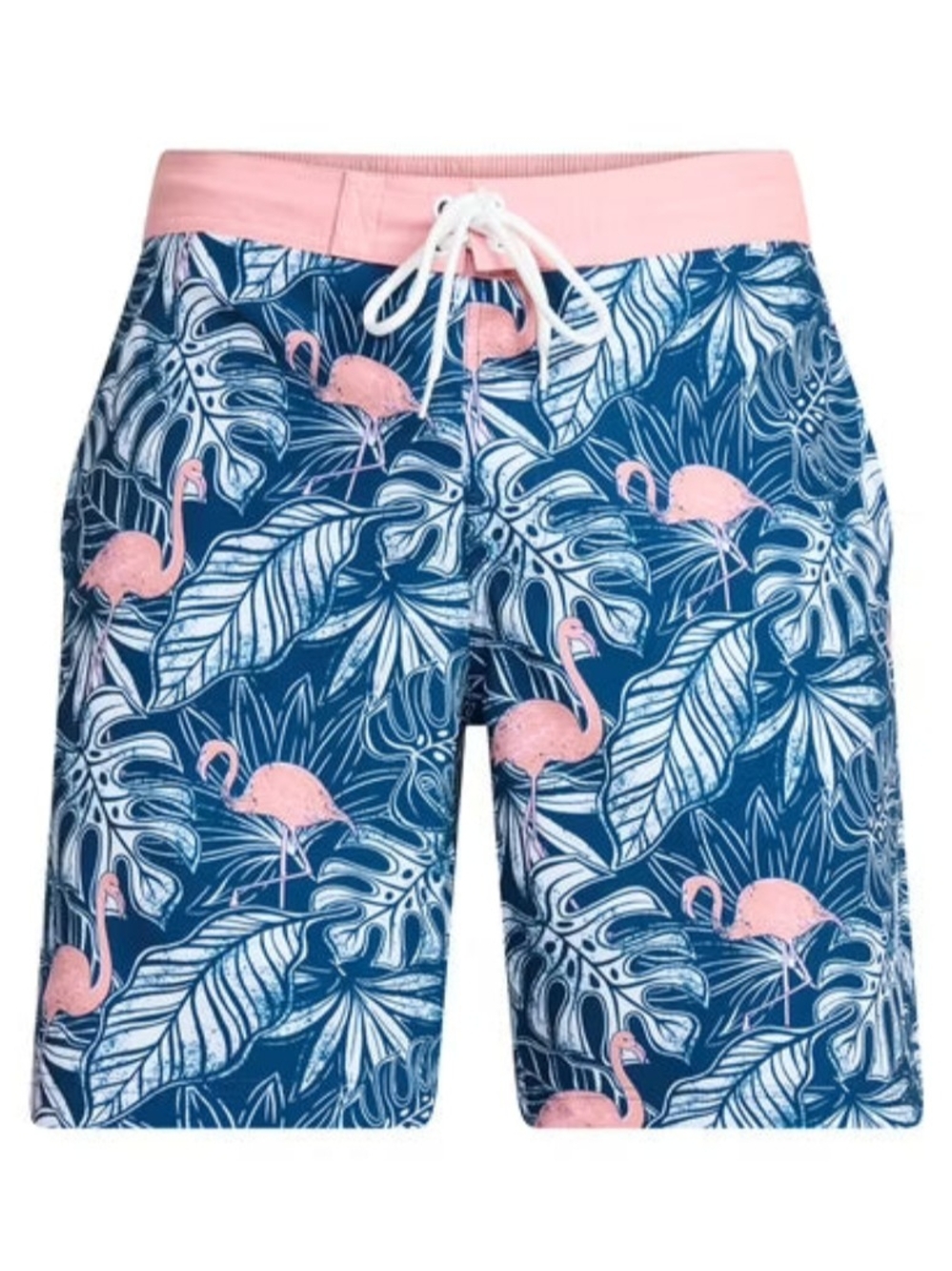 Mens Blue Swim Shorts with Pink Flamingo Print and Pink Waistband